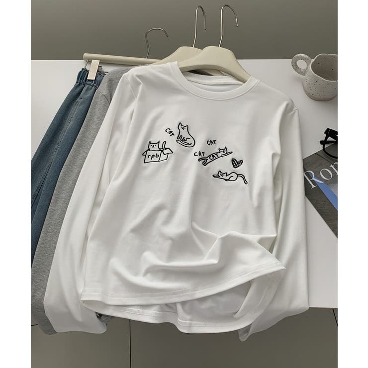 ホワイト | キャット刺繍ロングスリーブTシャツ | aimoha 