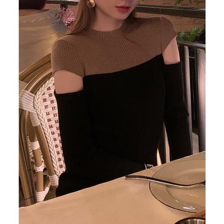 ワンピース 2トーンカラー肩開きニットロングワンピース 韓国ファッション | aimoha  | 詳細画像14 