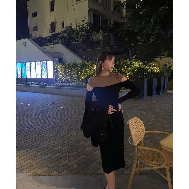 ワンピース 2トーンカラー肩開きニットロングワンピース 韓国ファッション | aimoha  | 詳細画像15 