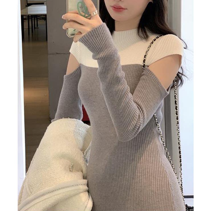 ワンピース 2トーンカラー肩開きニットロングワンピース 韓国