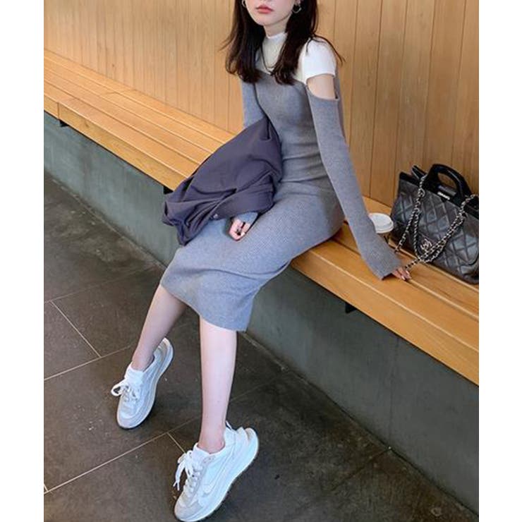 ワンピース 2トーンカラー肩開きニットロングワンピース 韓国ファッション | aimoha  | 詳細画像31 