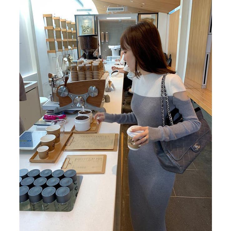 ワンピース 2トーンカラー肩開きニットロングワンピース 韓国ファッション | aimoha  | 詳細画像32 