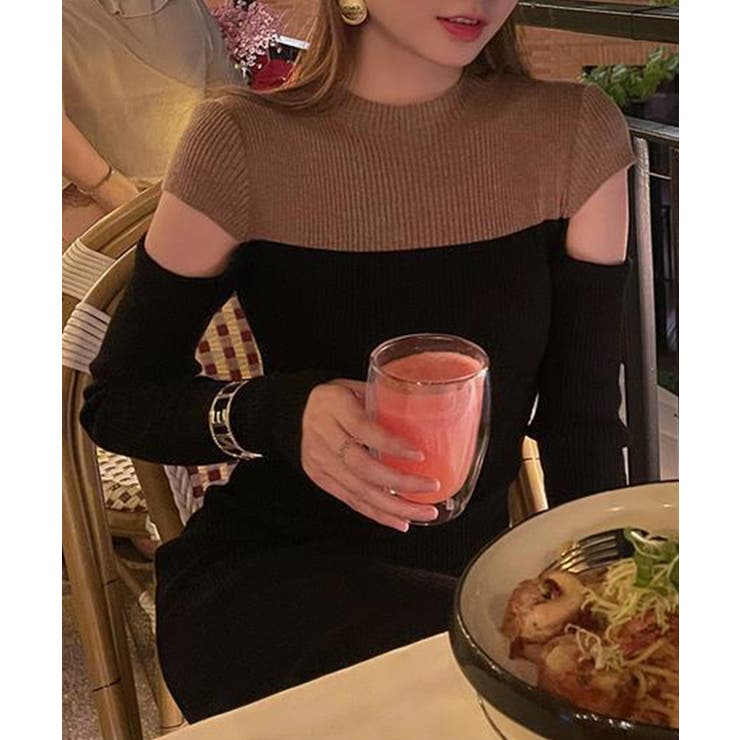 ワンピース 2トーンカラー肩開きニットロングワンピース 韓国ファッション | aimoha  | 詳細画像37 