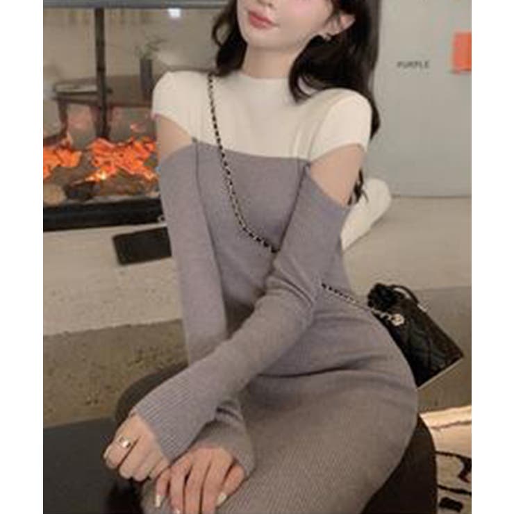 ワンピース 2トーンカラー肩開きニットロングワンピース 韓国