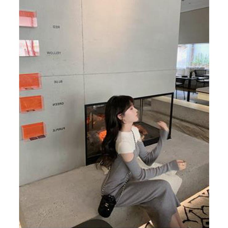 ワンピース 2トーンカラー肩開きニットロングワンピース 韓国ファッション | aimoha  | 詳細画像44 