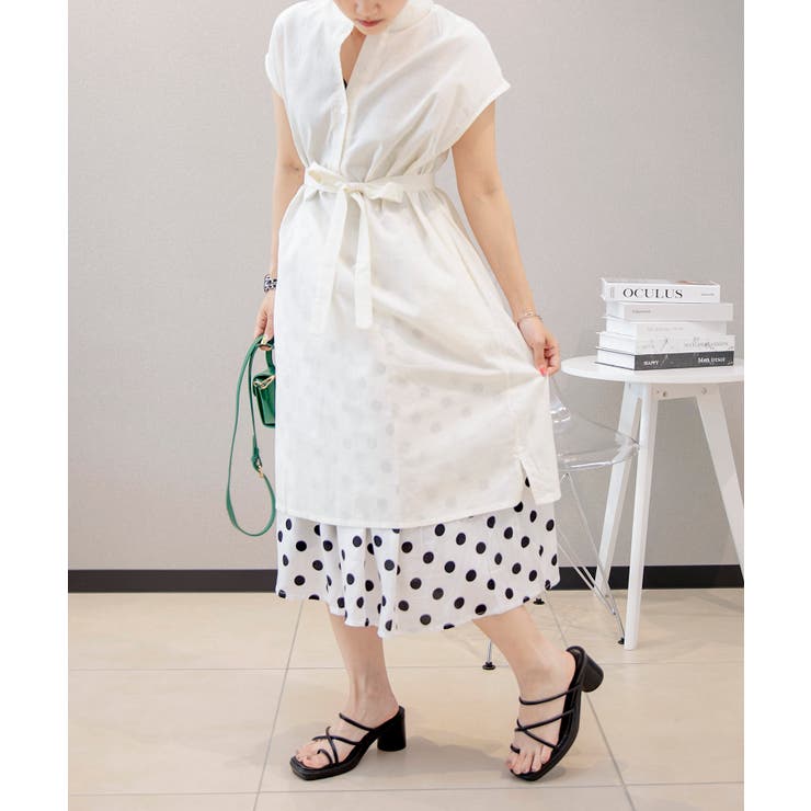 ホワイト | シンプル 綿麻ブレンド 水玉スカート | aimoha 