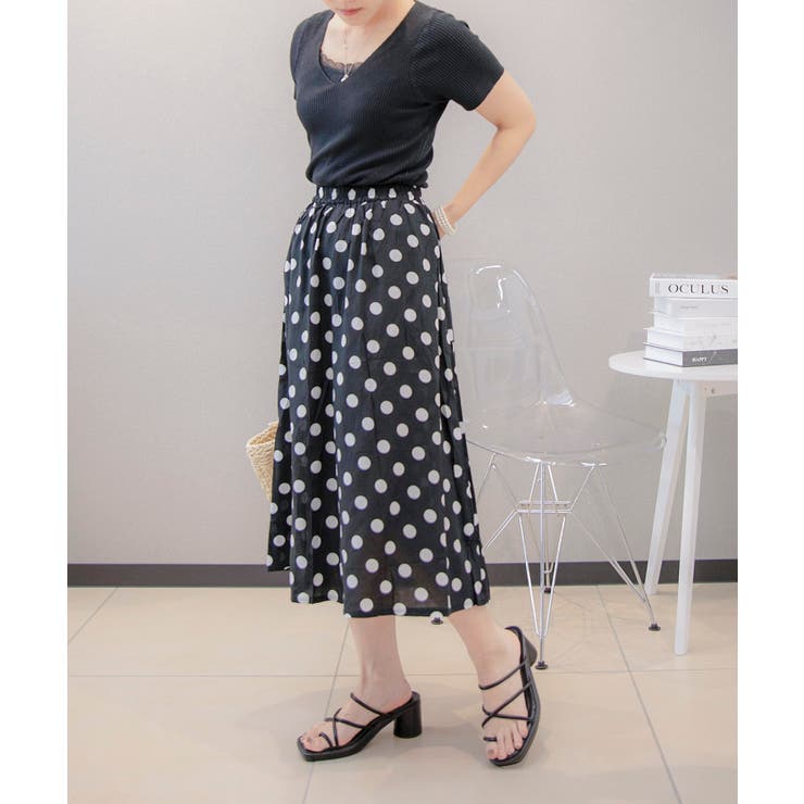 ブラック | シンプル 綿麻ブレンド 水玉スカート | aimoha 