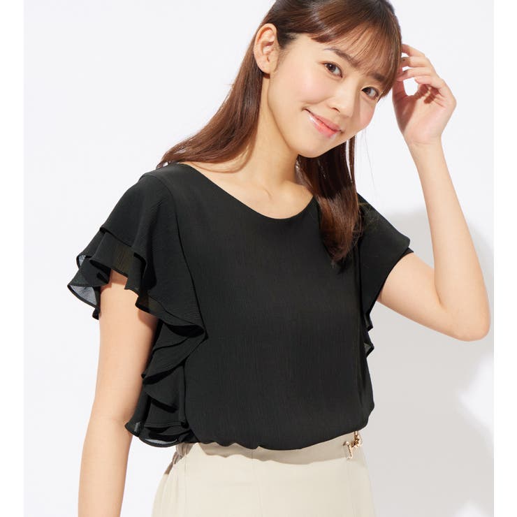ブラック | 楊柳シフォン袖フリルブラウス | alotta