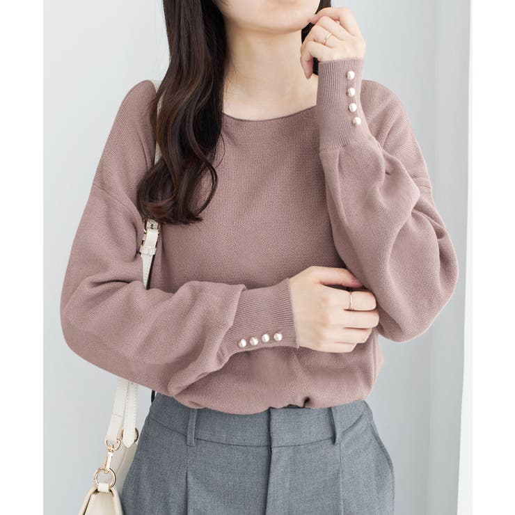 ボートネック×袖パールの上品トップス パール調ボタン付ミラノリブニット | alotta | 詳細画像19 