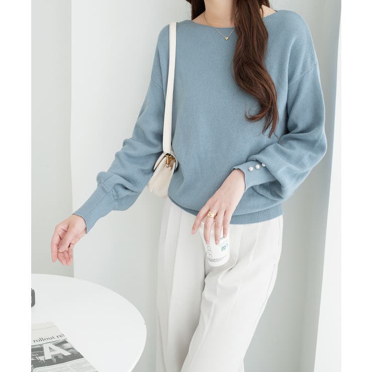 ボートネック×袖パールの上品トップス パール調ボタン付ミラノリブニット | alotta | 詳細画像29 