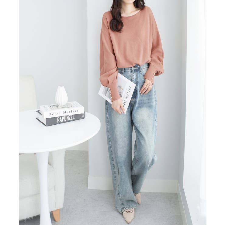 ボートネック×袖パールの上品トップス パール調ボタン付ミラノリブニット | alotta | 詳細画像35 