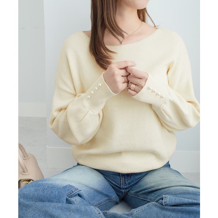 ボートネック×袖パールの上品トップス パール調ボタン付ミラノリブニット | alotta | 詳細画像16 