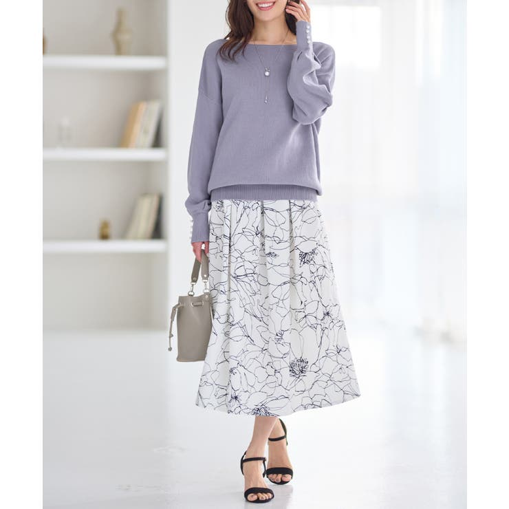 ボートネック×袖パールの上品トップス パール調ボタン付ミラノリブニット | alotta | 詳細画像12 