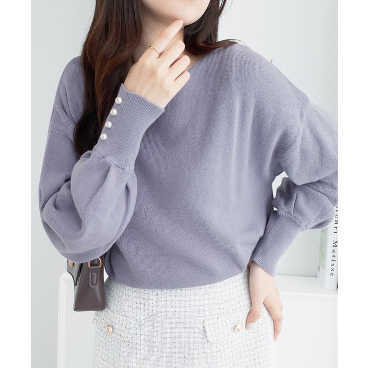 ボートネック×袖パールの上品トップス パール調ボタン付ミラノリブニット | alotta | 詳細画像8 
