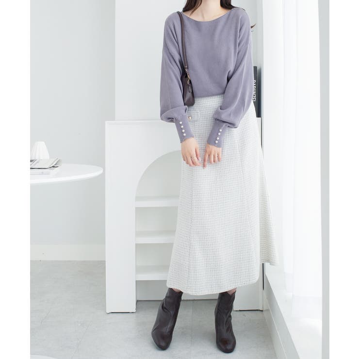 ボートネック×袖パールの上品トップス パール調ボタン付ミラノリブニット | alotta | 詳細画像10 