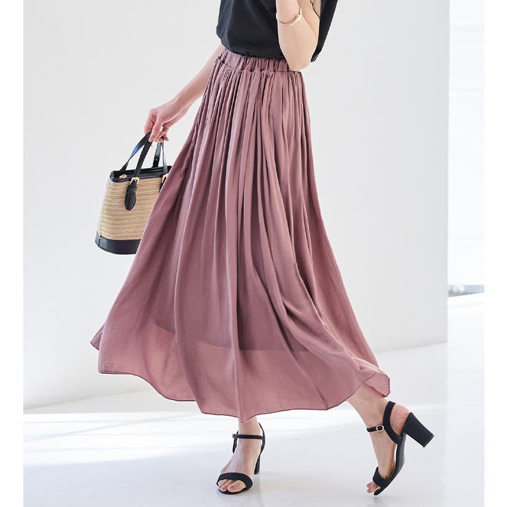 ダークピンク | サテン素材ギャザーフレアースカート | alotta