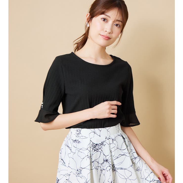 ブラック | パール調ボタン付テレコリブトップス | alotta