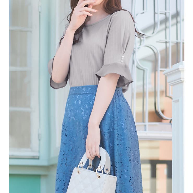 グレー | パール調ボタン付テレコリブトップス | alotta