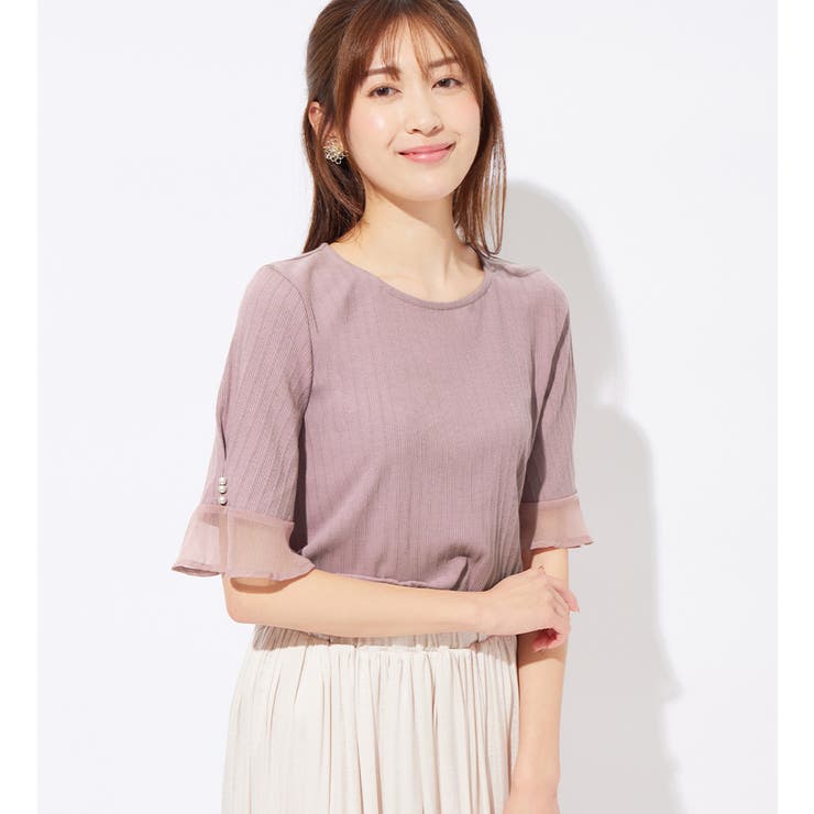 ピンク | パール調ボタン付テレコリブトップス | alotta