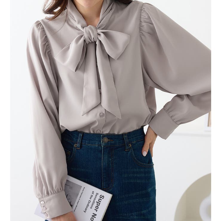 ライトグレー | ボウタイデザインブラウス         | alotta
