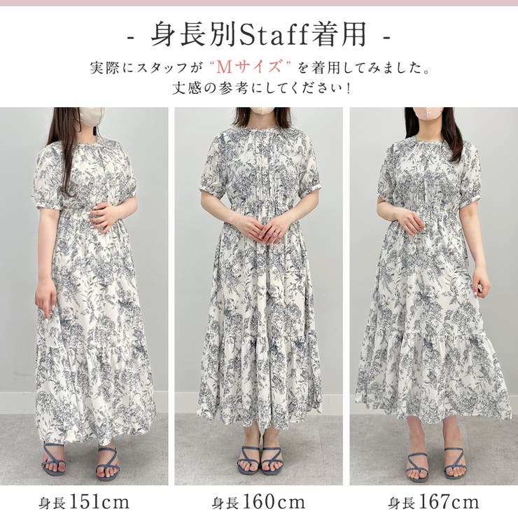 線画タッチ花柄ギャザー切替ワンピース[品番：ATTW0007198