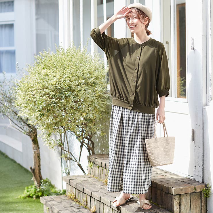 カーキ | 袖シフォン切替ブルゾン風カーデ | Viola e Viola