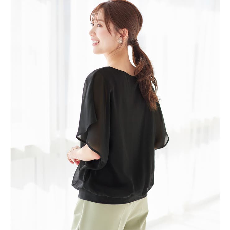 【1度だけ着用】フリル付きシフォン半袖トップス ブラック S 1度だけ着用】フリル付きシフォン半袖トップス ブラック S
