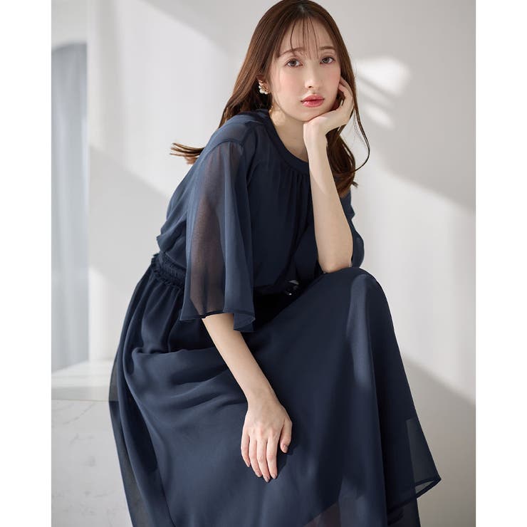 インナー付シャーリングシフォンワンピース[品番：ATTW0007202
