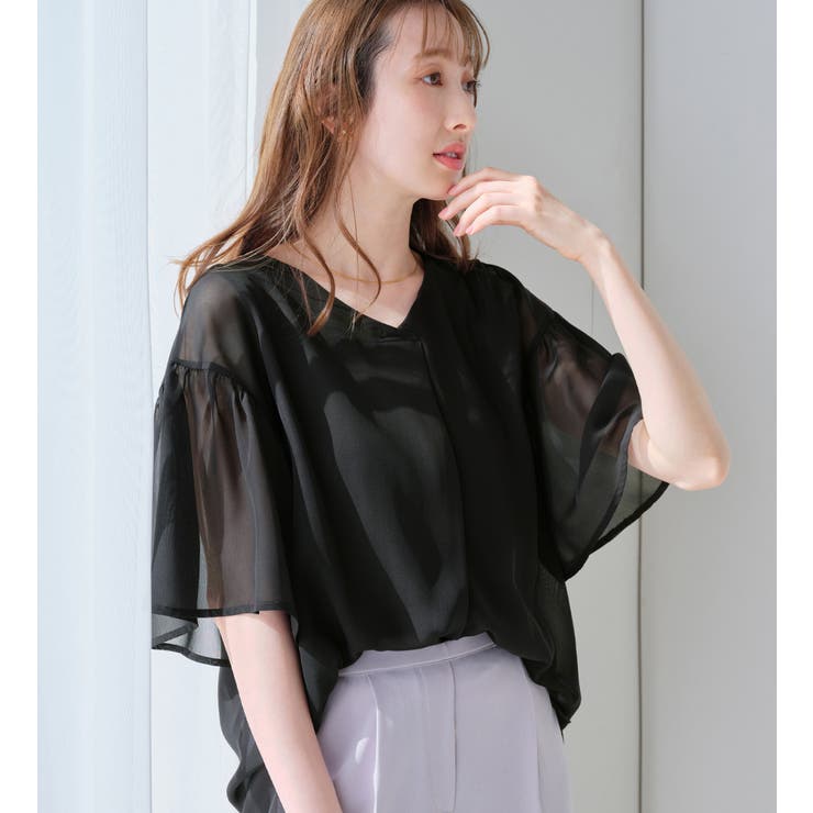 ブラック | インナー付フレアー袖タックブラウス | alotta