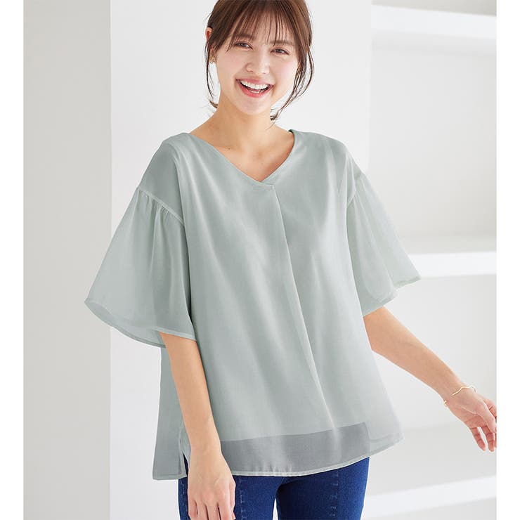 ライトブルー | インナー付フレアー袖タックブラウス | alotta