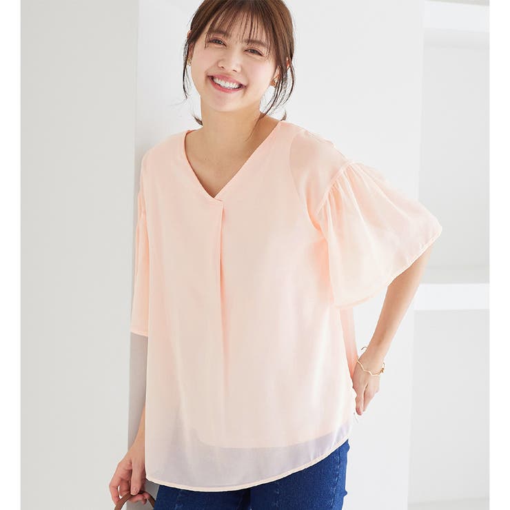 ピンク | インナー付フレアー袖タックブラウス | alotta