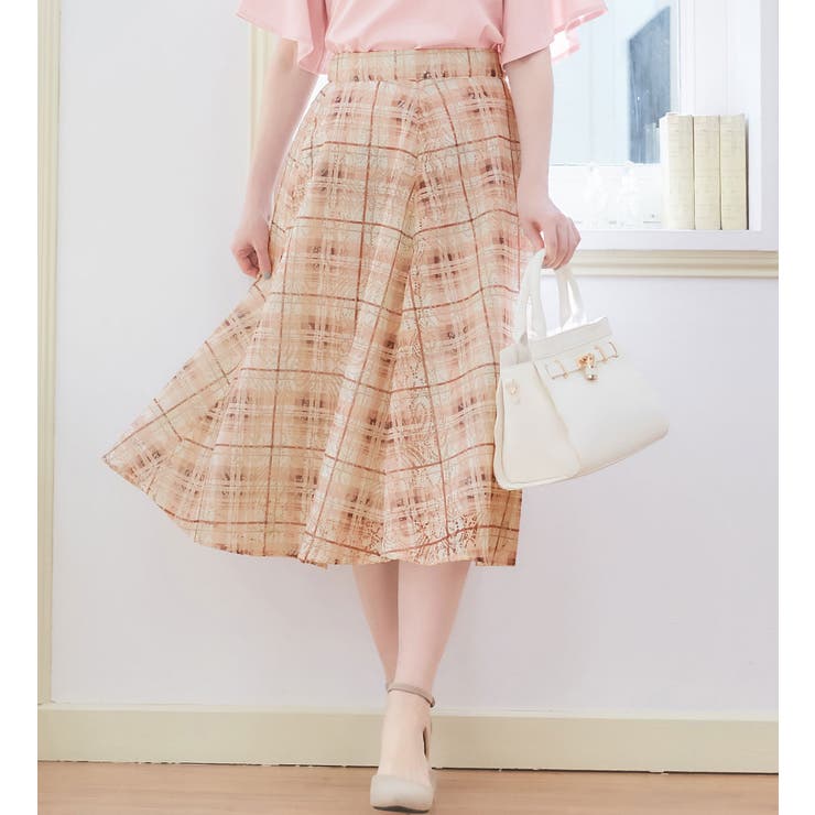 ピンク系 | レースチェック柄フレアースカート | alotta
