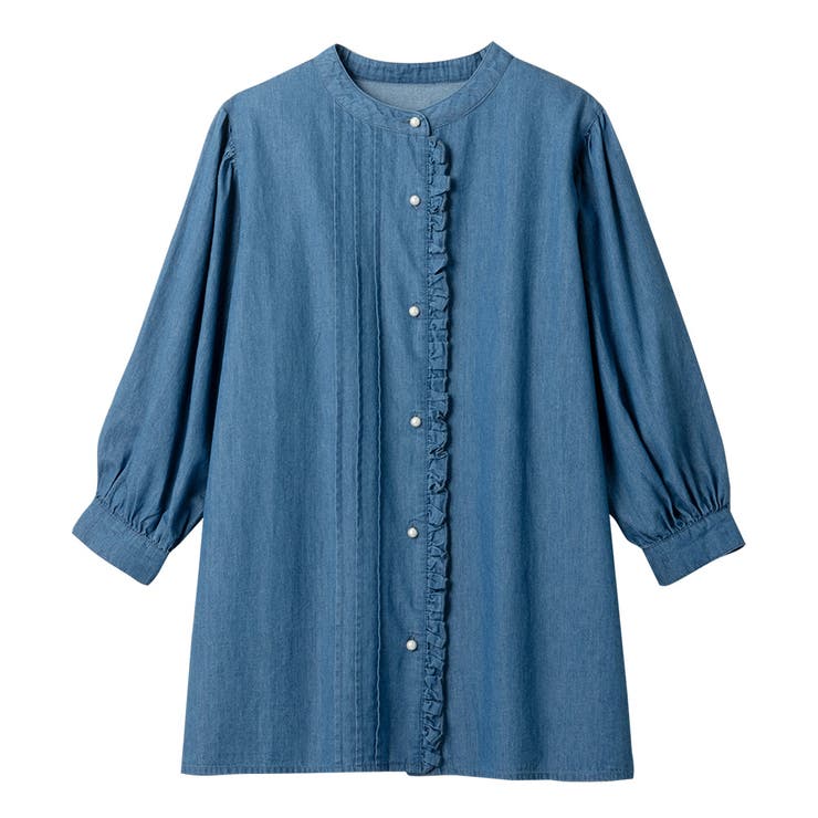 ブルー | パール調ボタン付フリルデニムチュニック | alotta