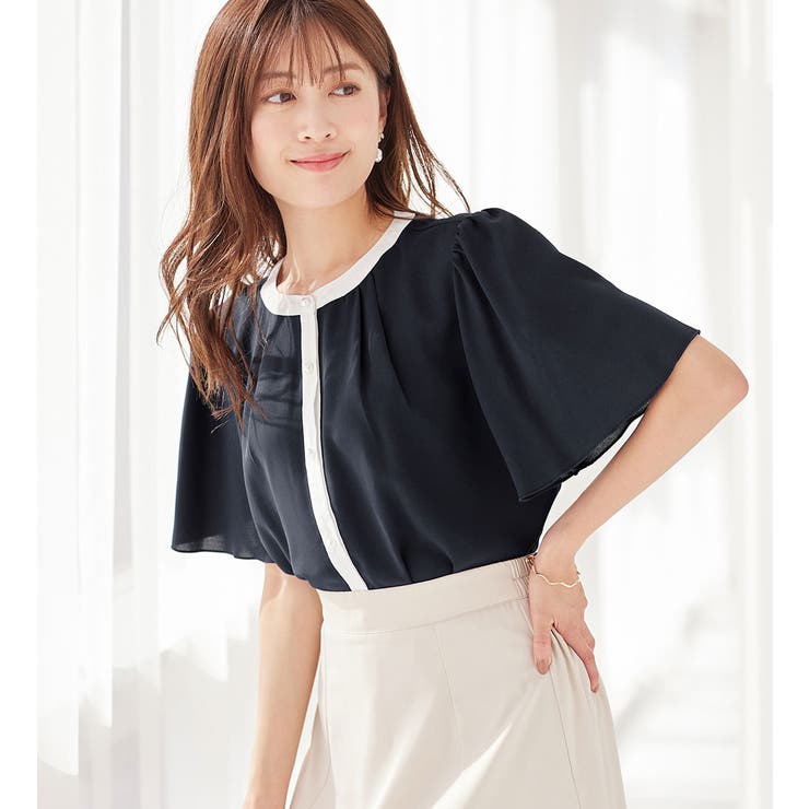 ネイビー | パール調ボタン付配色ブラウス | alotta