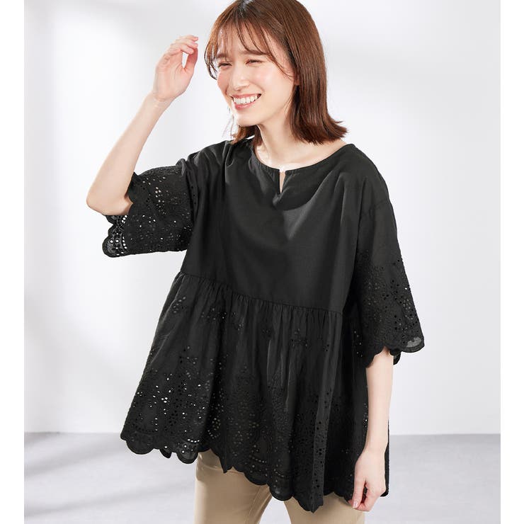 ブラック | 綿レースキーネックブラウス | Viola e Viola