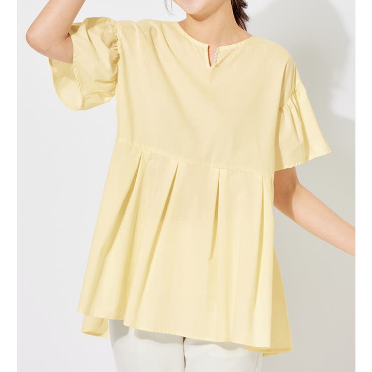 イエロー | パール調ボタン付キーネックトップス | alotta