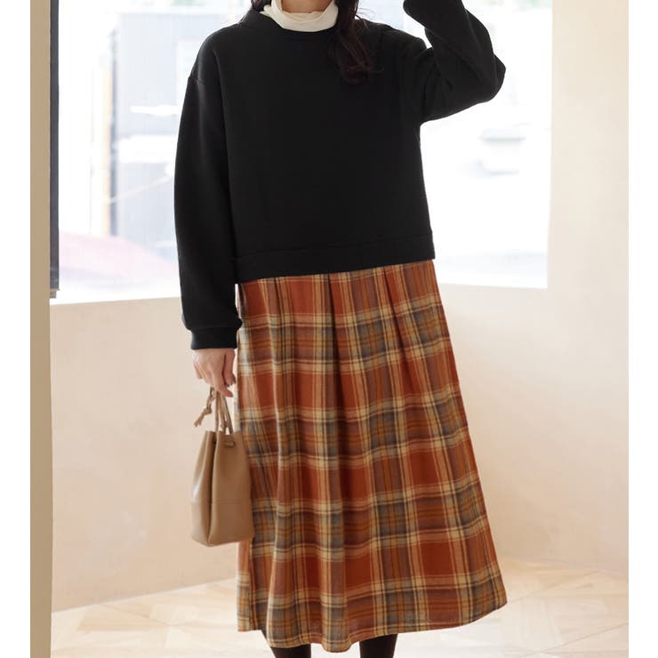 ブラックオレンジ系 | 楽ちんコーデ裏起毛ドッキングワンピ | Viola e Viola