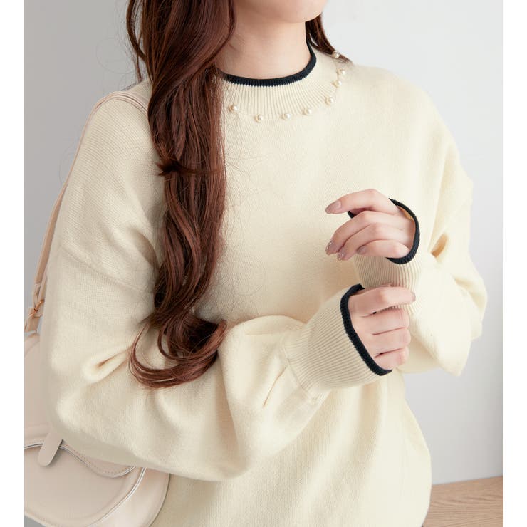 オフホワイト | 衿元パール調配色ミラノリブニット | alotta