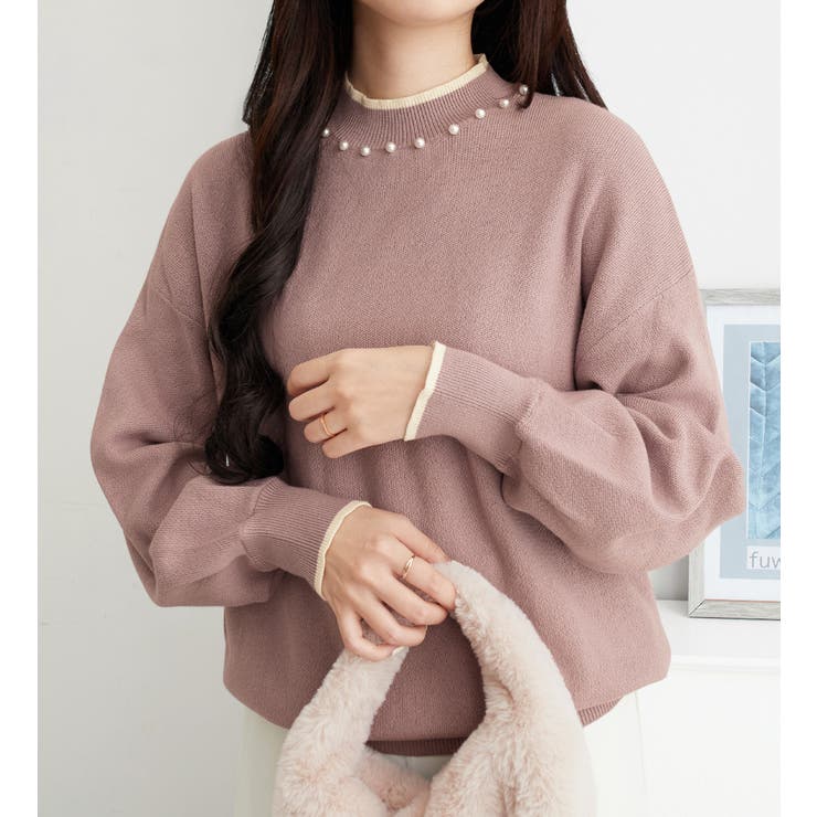 ピンク | 衿元パール調配色ミラノリブニット | alotta