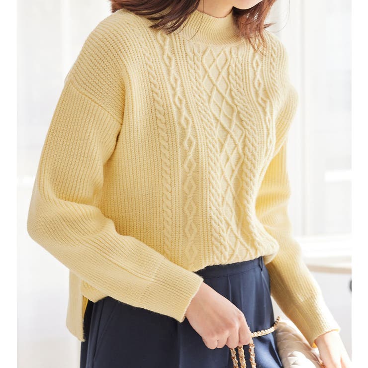 クリームイエロー | ケーブル柄ハイネックニットプルオーバー | alotta