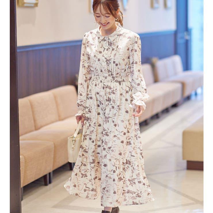 ベージュ系 | 衿付ピンタック花柄ワンピース       | alotta