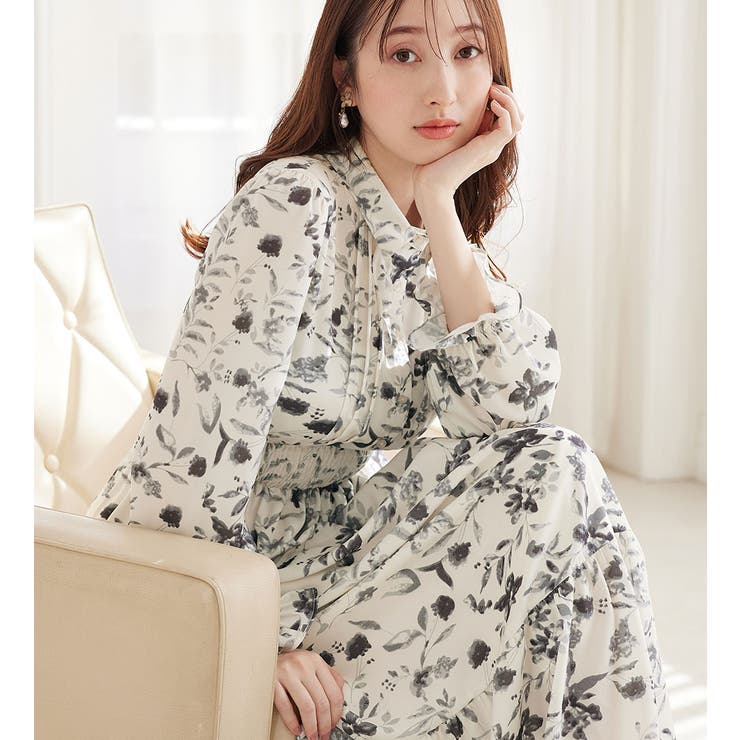 ブラック系 | 衿付ピンタック花柄ワンピース       | alotta