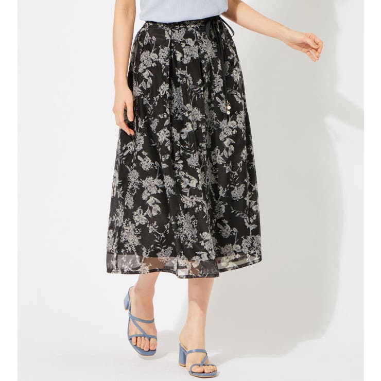 ブラック系 | ウエストリボン付花柄フレアースカート | alotta