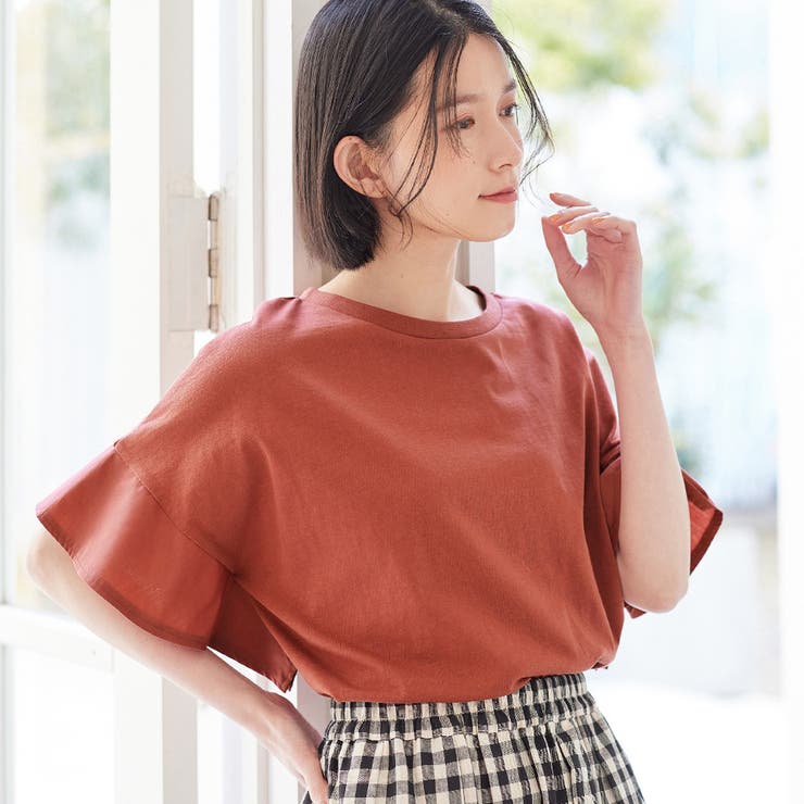 さらひやコットン袖異素材ゆるトップスTシャツ[品番