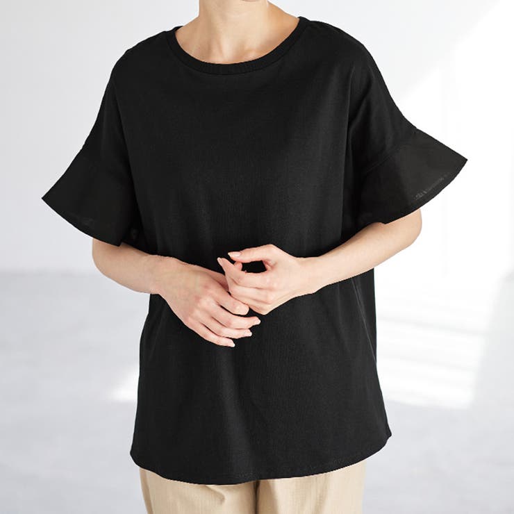 さらひやコットン袖異素材ゆるトップスTシャツ[品番