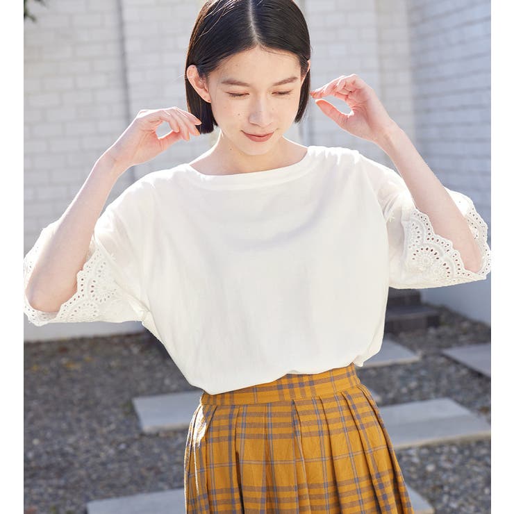 綿100％袖立体レース切替Tシャツ[品番：ATTW0007179]｜Viola