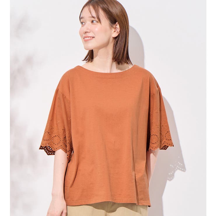 綿100％袖立体レース切替Tシャツ[品番：ATTW0007179]｜Viola