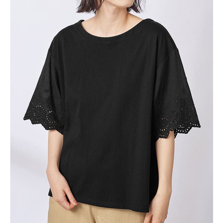 綿100％袖立体レース切替Tシャツ[品番：ATTW0007179]｜Viola