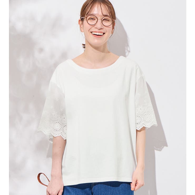 tシャツ レース柄カットソー レディース 綿100％袖立体レース切替Tシャツ[品番：ATTW0007179]｜Viola