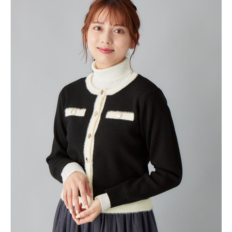 もっちりタッチフェザー配色ニットカーデ [品番：ATTW0007383]｜alotta